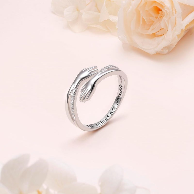 Yearace Hug Ring, S925 Sterling Silver Hug Rings for Women Girl, Hugging Hand Open Promise Ring, Mothers Day Valentine's Day Birthday Gifts - Image 3